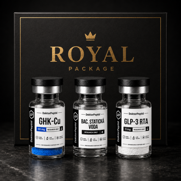 Royal Package od DoktorPeptid – tri liekovky: GHK-Cu 50 mg, baktériostatická voda a GLP-3 RTA 5 mg pred čiernou darčekovou krabicou